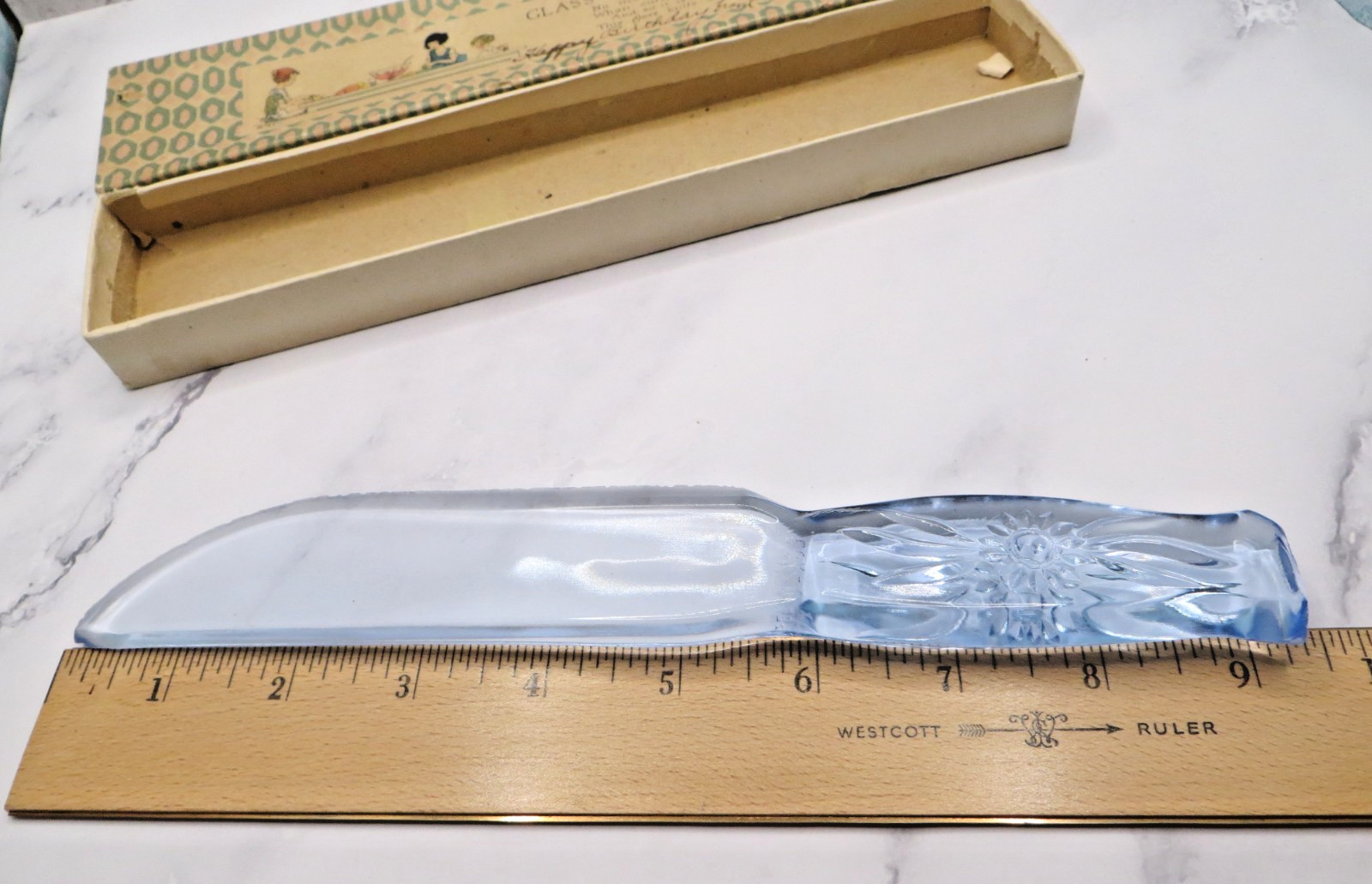 Antique Dur-X Light Blue Depression Glass Floral Flower Style Fruit Knife In Box
