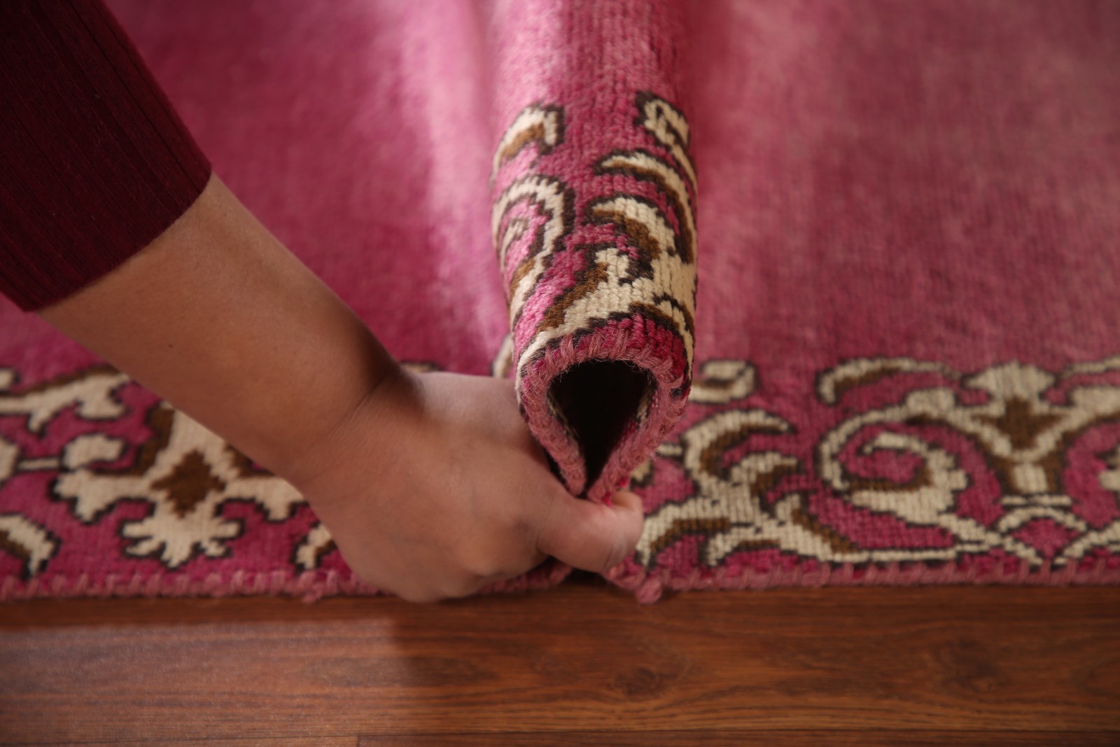 Bordered 10 ft Runner Rug 3×10 Pink Wool Hand-made Classic Carpet