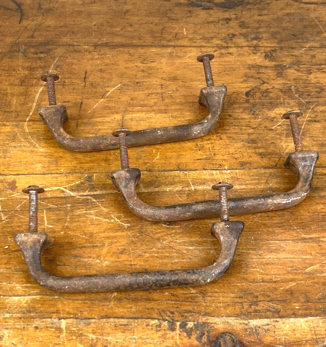 3 Antique C.1910 Iron Drawer Pulls w/ Original Screws, Old Furniture Hardware