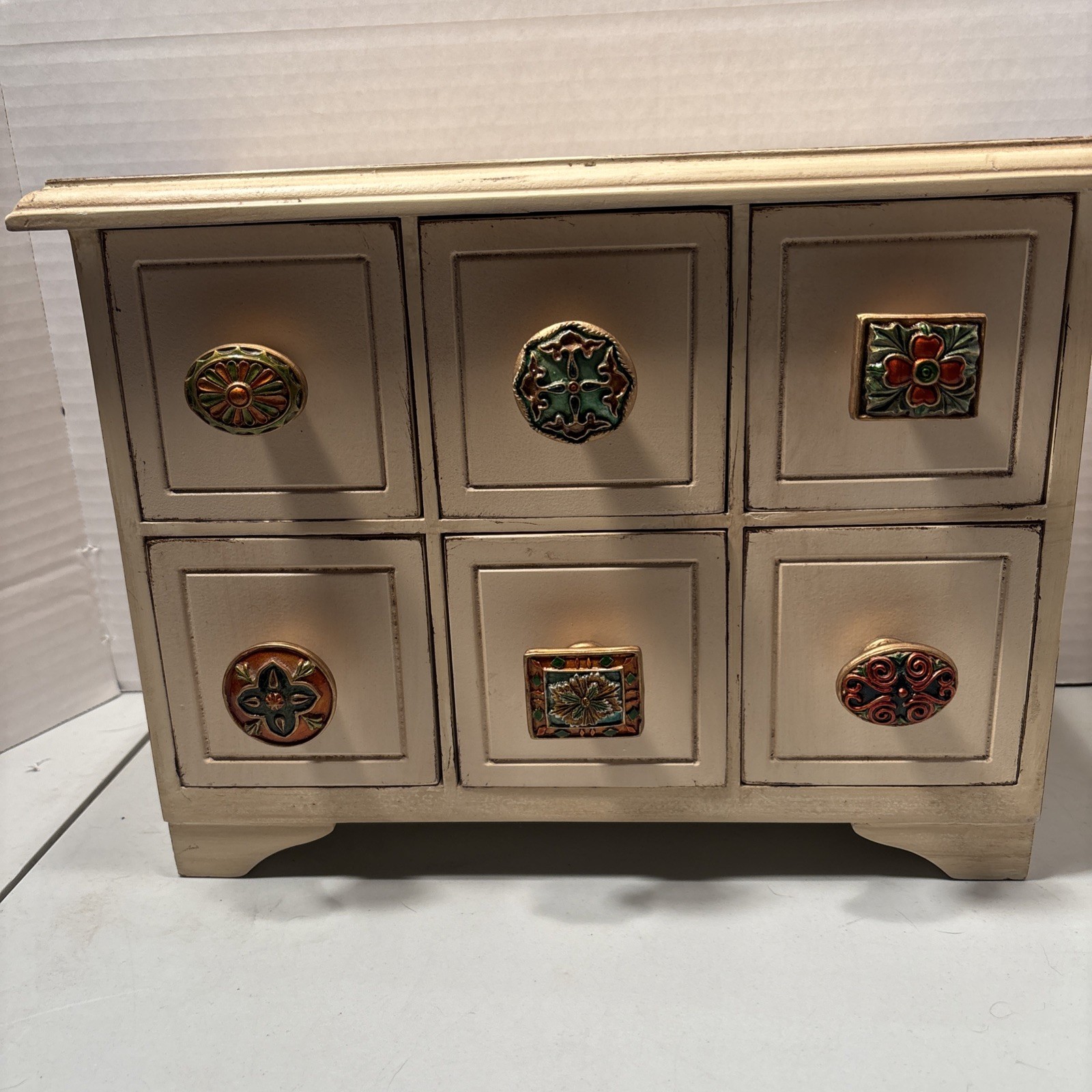 Late 20th Century Antiqued And Distressed Solid Wood Six Drawer Tabletop Chest