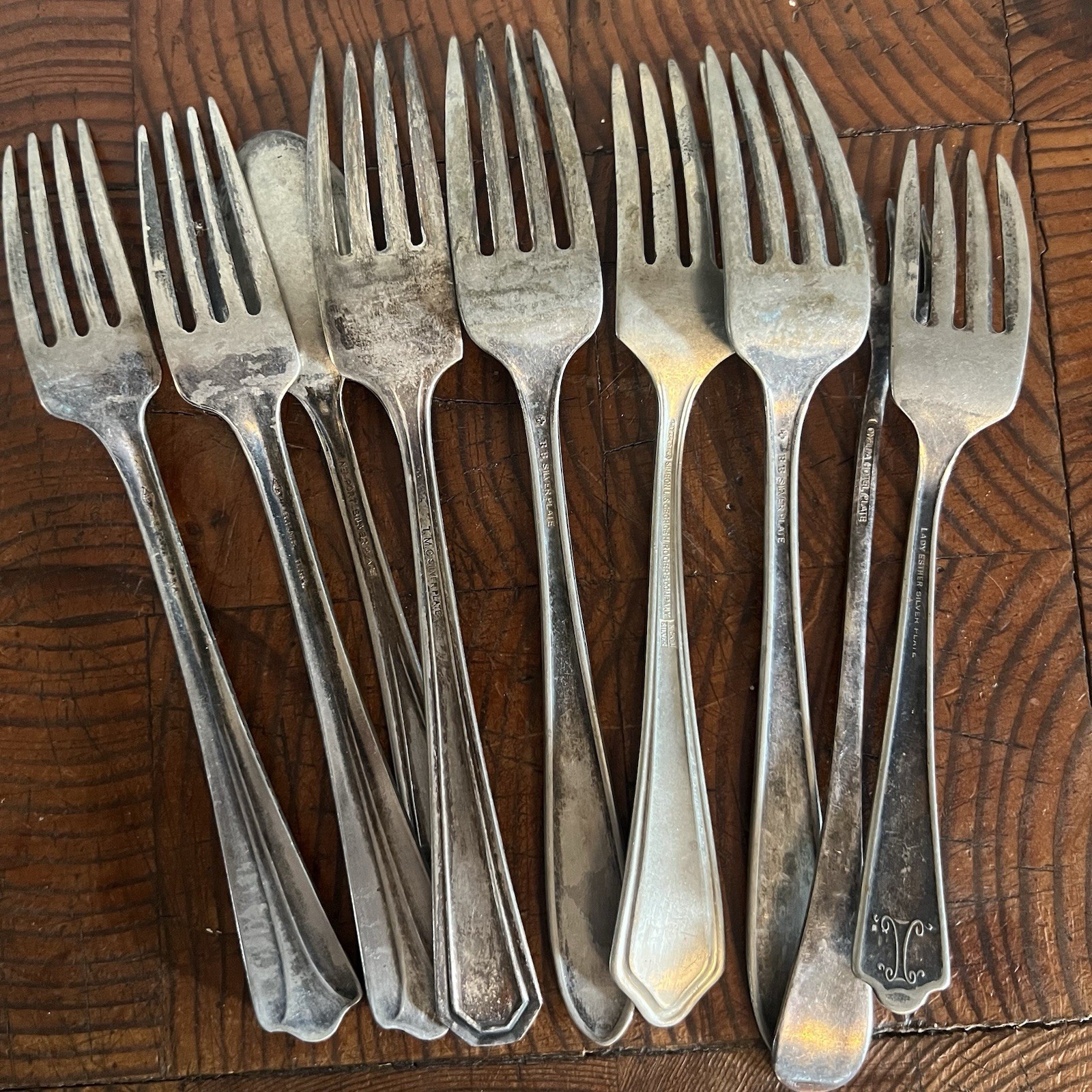 Vintage Silver-Plated Flatware Assorted Lot Spoon,& Forks Tarnished 9 Pieces