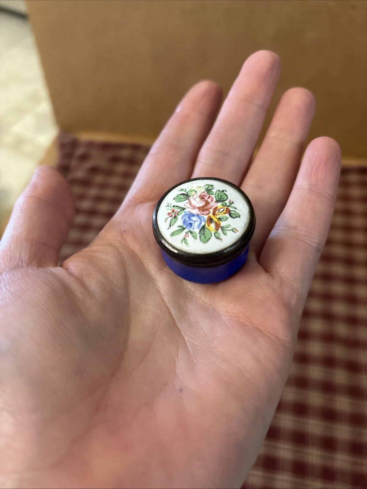 18th Century Enamel Glazed Over Tin Pill Box , Blue Bottom W Floral Painted Lid
