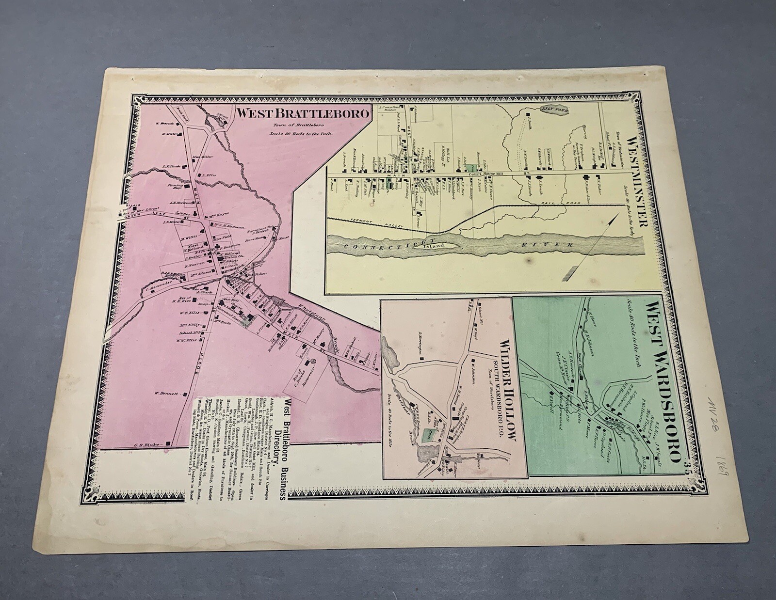 Original 1869 Atlas Map of West Brattleboro, Windham County, Vermont