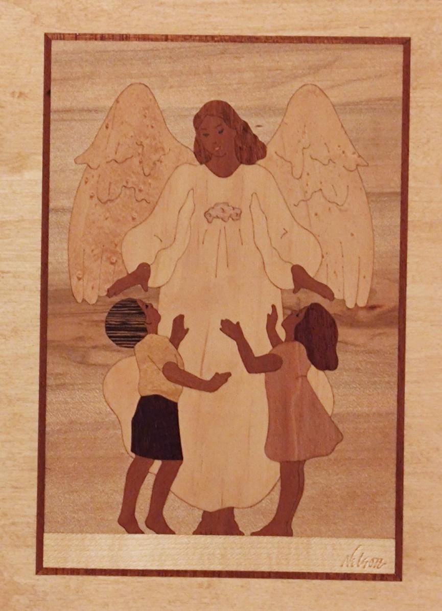 HUDSON RIVER INLAY PICTURE – GUARDIAN ANGEL – WOOD MARQUETRY by NELSON 10X13