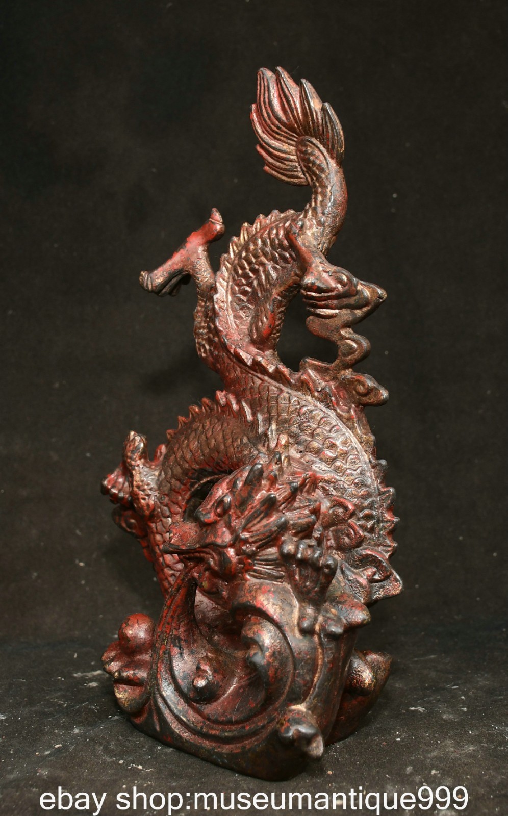 10.2″ Qianlong Chinese Bronze Gilt Cloud Dragon Fengshui Statue Sculpture