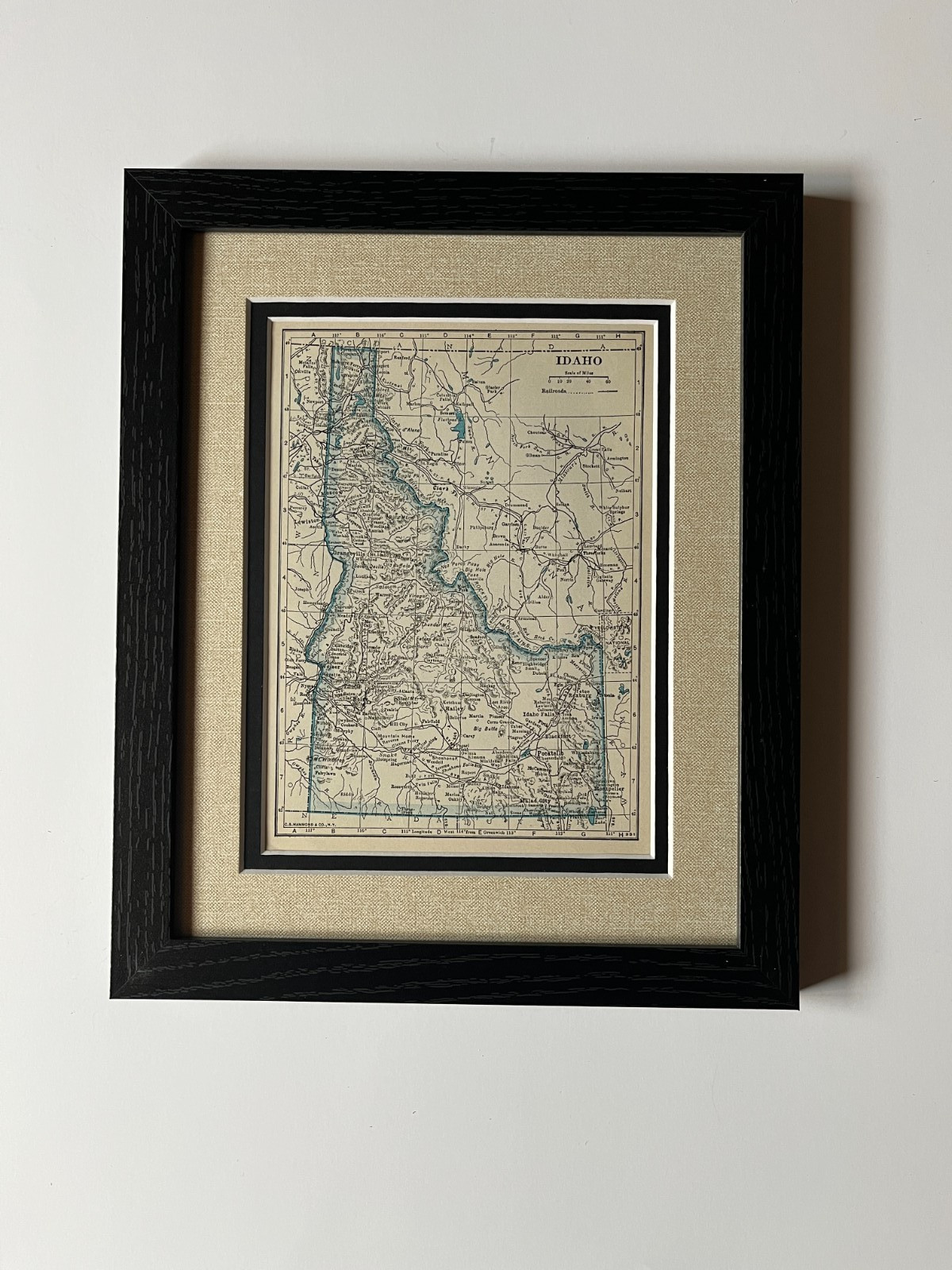 1934 “Blue” IDAHO State Map by C.S. Hammond, Framed/Dbl Mat SEE DESCRIP