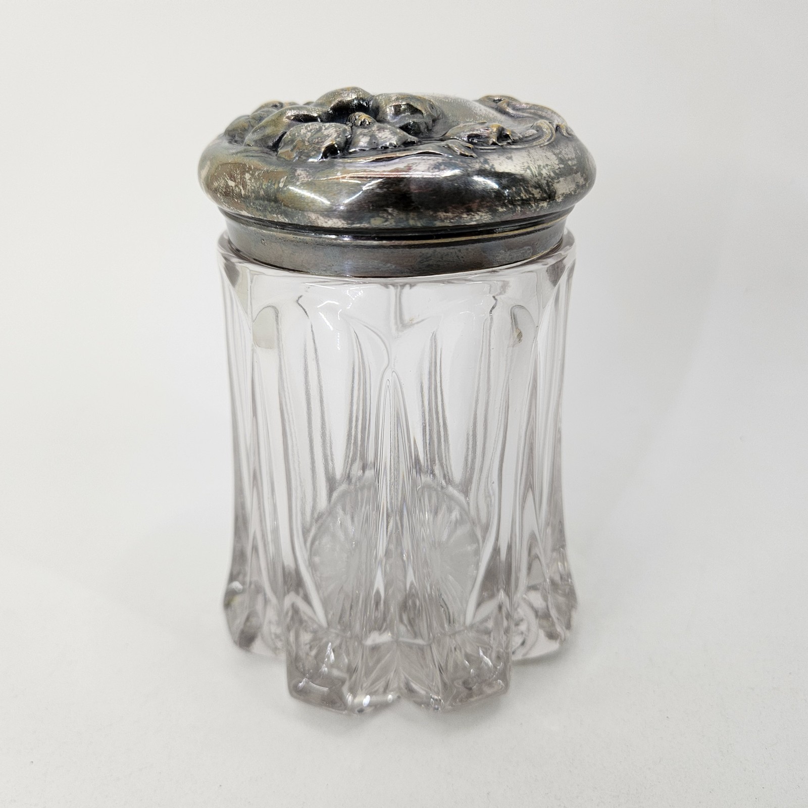 Antique Art Nouveau Silverplated Overlay Cut Glass Vanity Jar Tobacco