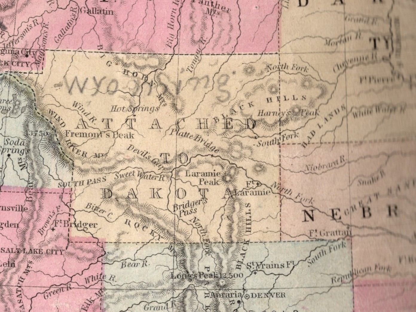 ca.1868 US Mitchell Map Wyoming attached to Dakota with Rare Script Annotation