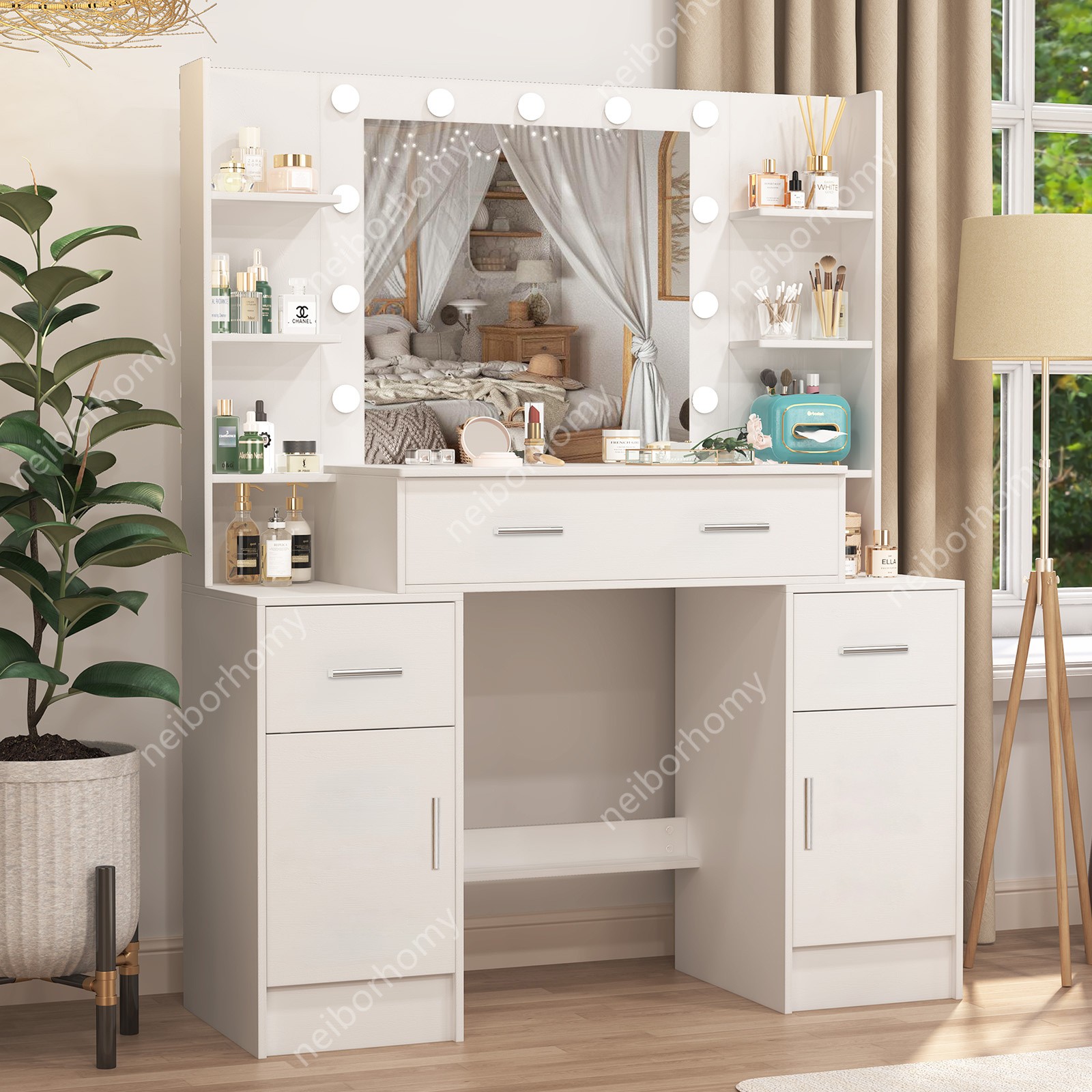 Dressing Desk Vanity Table with Drawers and LED Lights Makeup Mirror For Bedroom