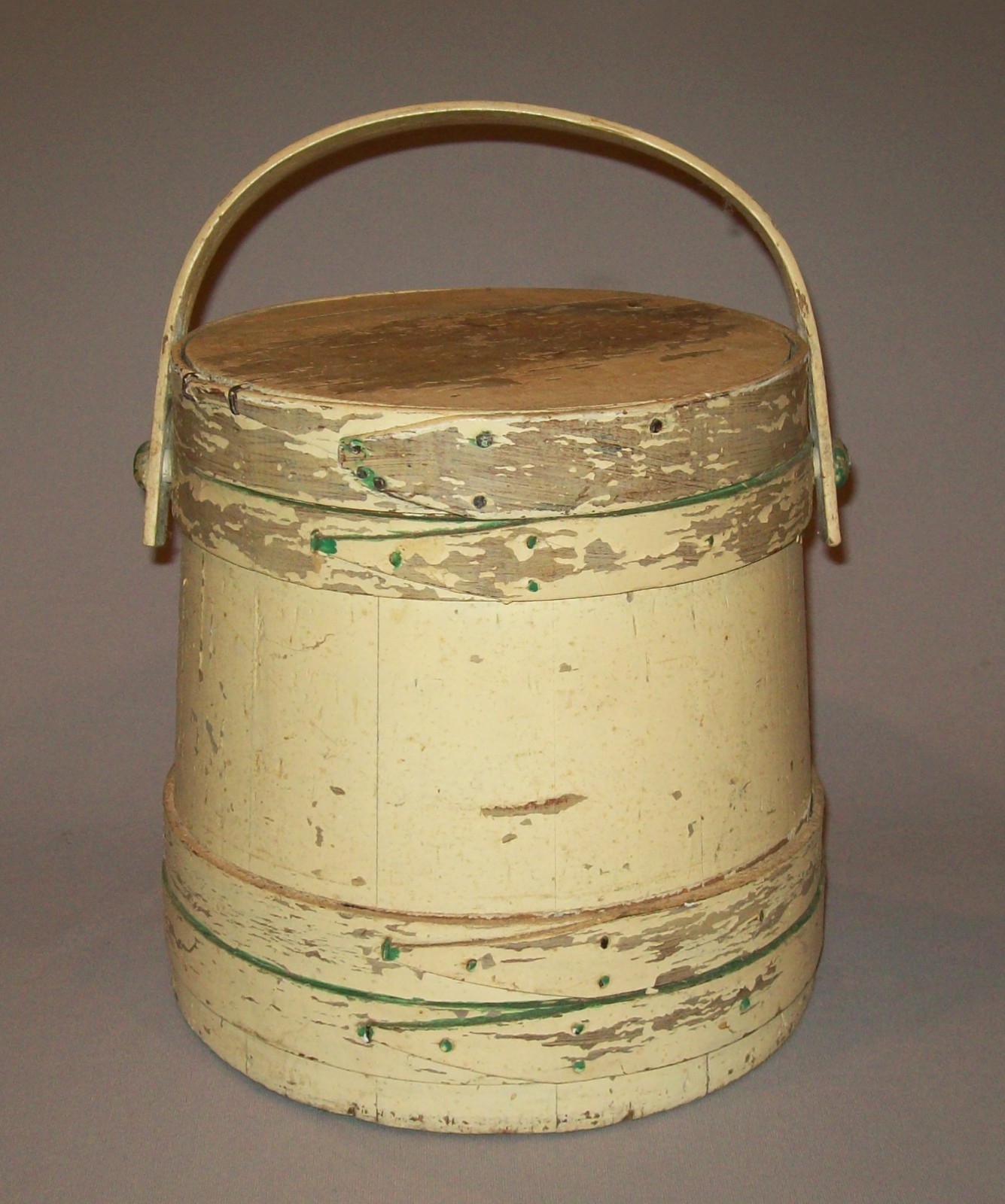 Antique Vtg 19th C 1890s Wooden Firkin Original Cream Paint W/ Green Trim W/ Lid