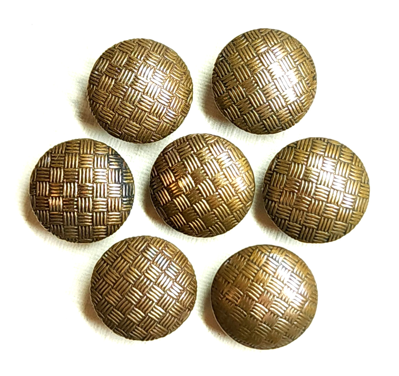 7 Antique Basketweave Lattice Brass Waistcoat Buttons ~ just over 3/8″ 10mm