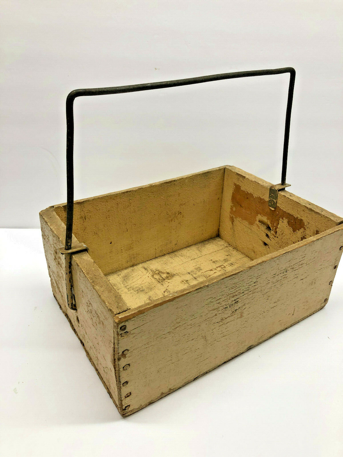 Old 11.5″x8.5″ Primitive Table Box Tote in Dry Yellow Paint Nice Dough Bowl Rack