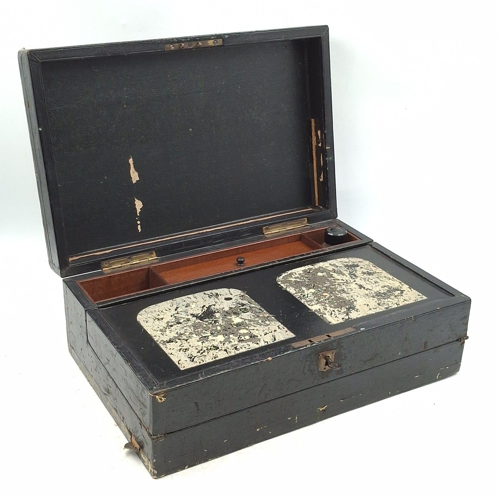 Victorian Leatherette Writing Slope Box With Original Key Restoration Prop