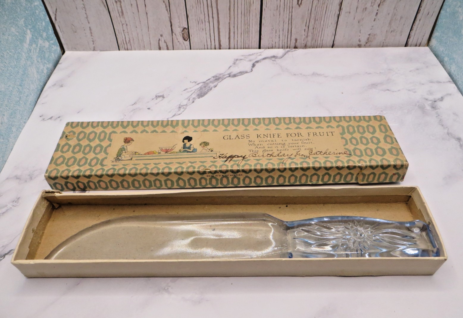 Antique Dur-X Light Blue Depression Glass Floral Flower Style Fruit Knife In Box