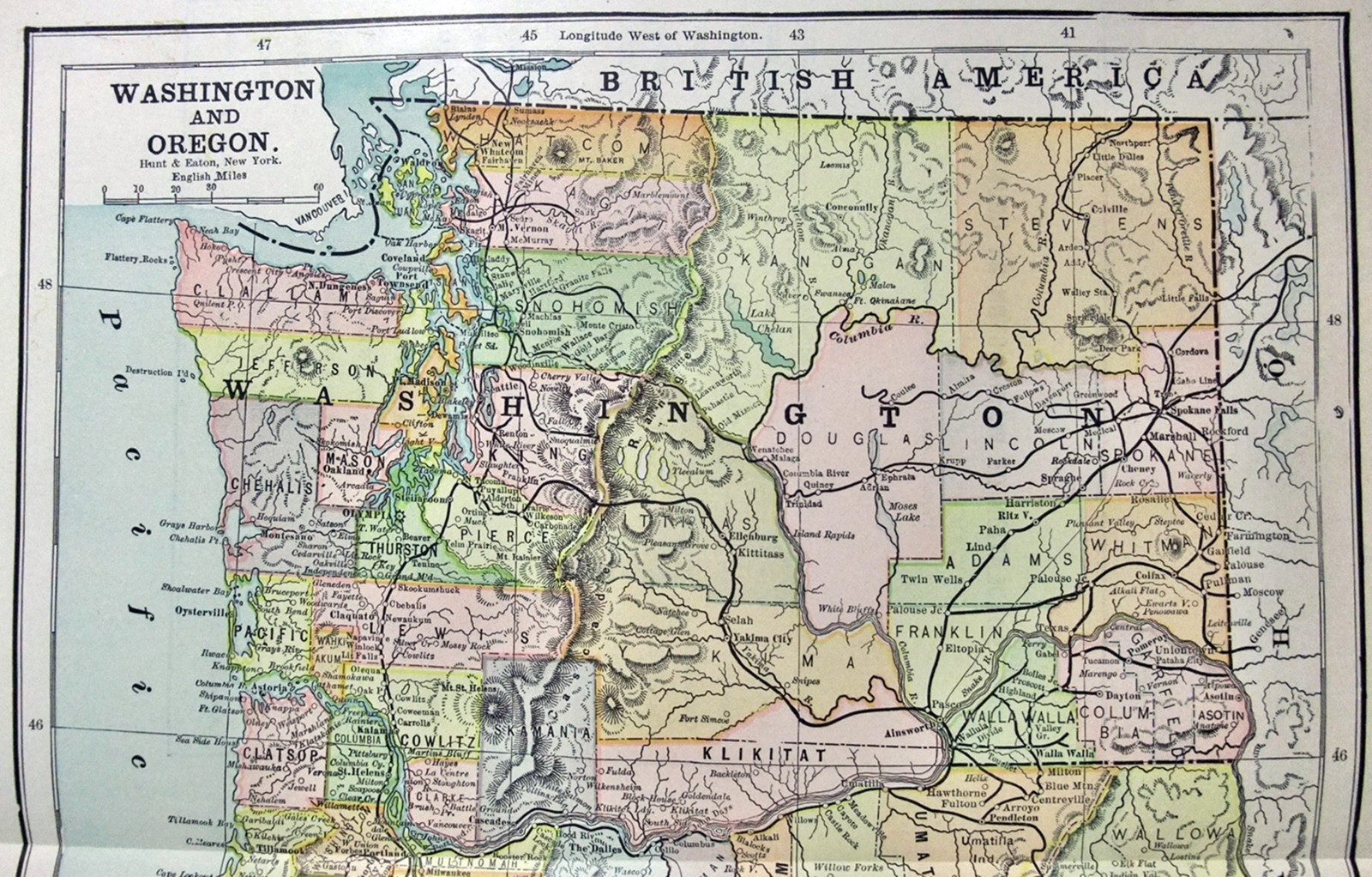 Washington & Oregon – Original 1891 Map by Hunt & Eaton. Antique