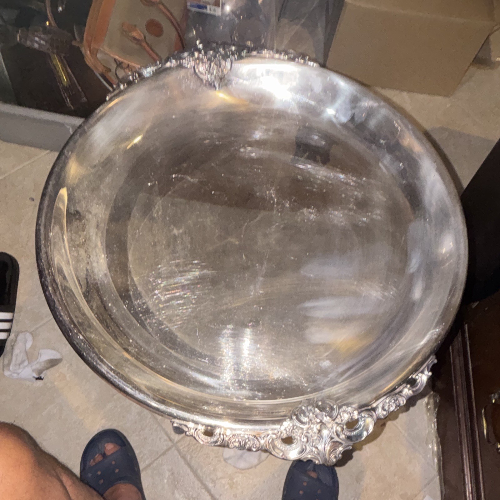 Baroque & Rococo Round Silverplate Serving Tray Platter with Decorative Handles