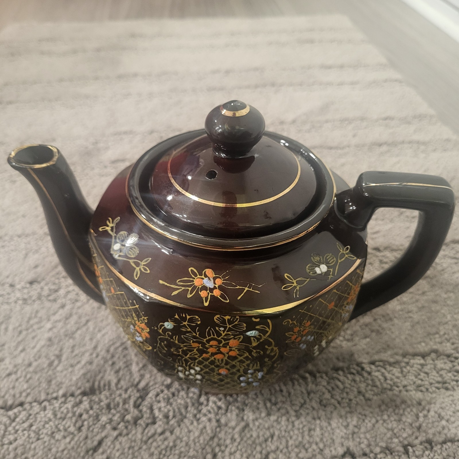 Vintage Japanese Moriage Teapot Brown/Gold Handpainted Floral Design JAPAN