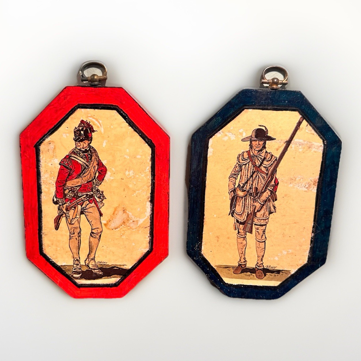 2 Vtg 50s Handcrafted Wooden Wall Plaques Paintings Art Revolutionary Military