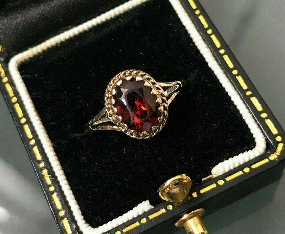 Art Deco Oval Cut Lab Created Garnet Wedding 14K Yellow Gold Finish Ring