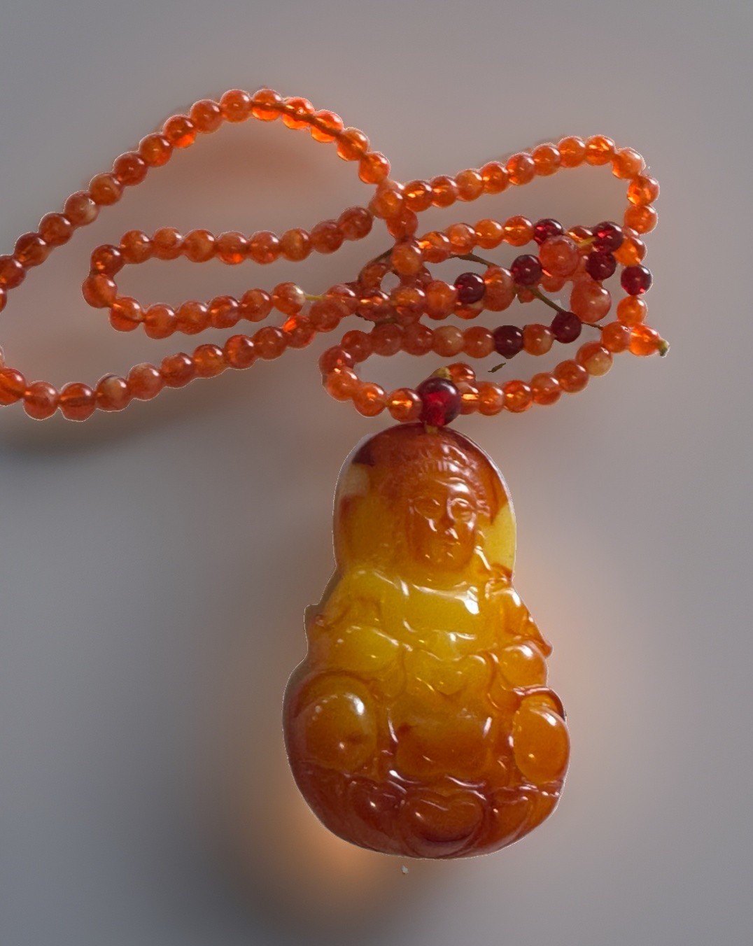 Butterscotch Amber Guanyin Carved Buddha Pendant Beaded Necklace