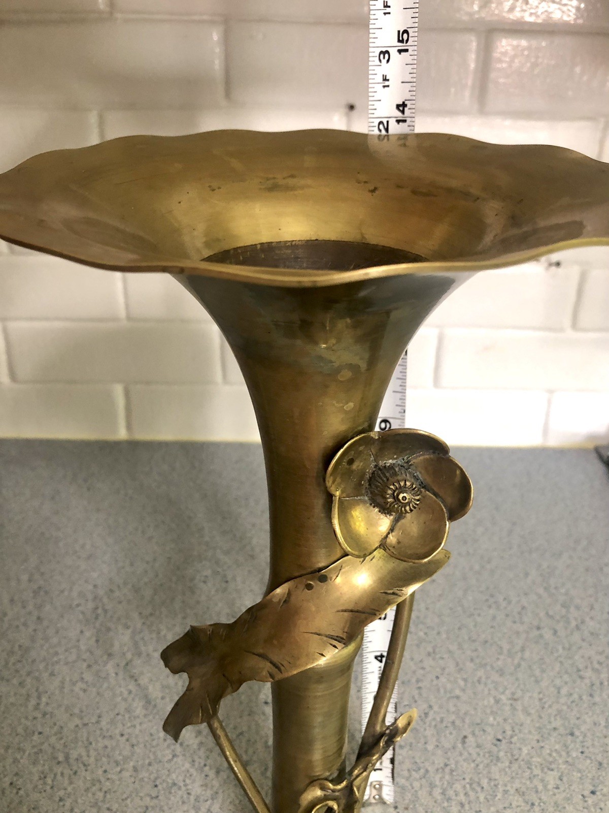 14″ Antique Floral Brass Vase Styled In Japanese Meiji Period/Art Nouveau Period