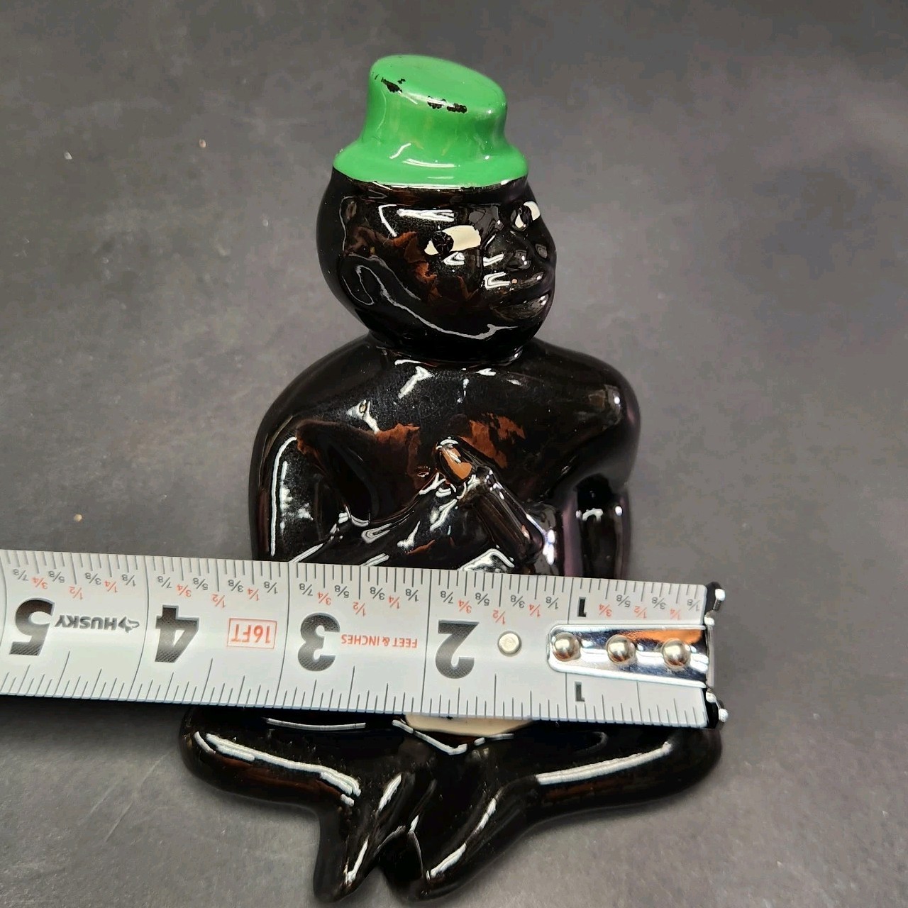 Mid 20th century (1940-1960 )Black American Green Hat Cross Legs Glazed Ceramic