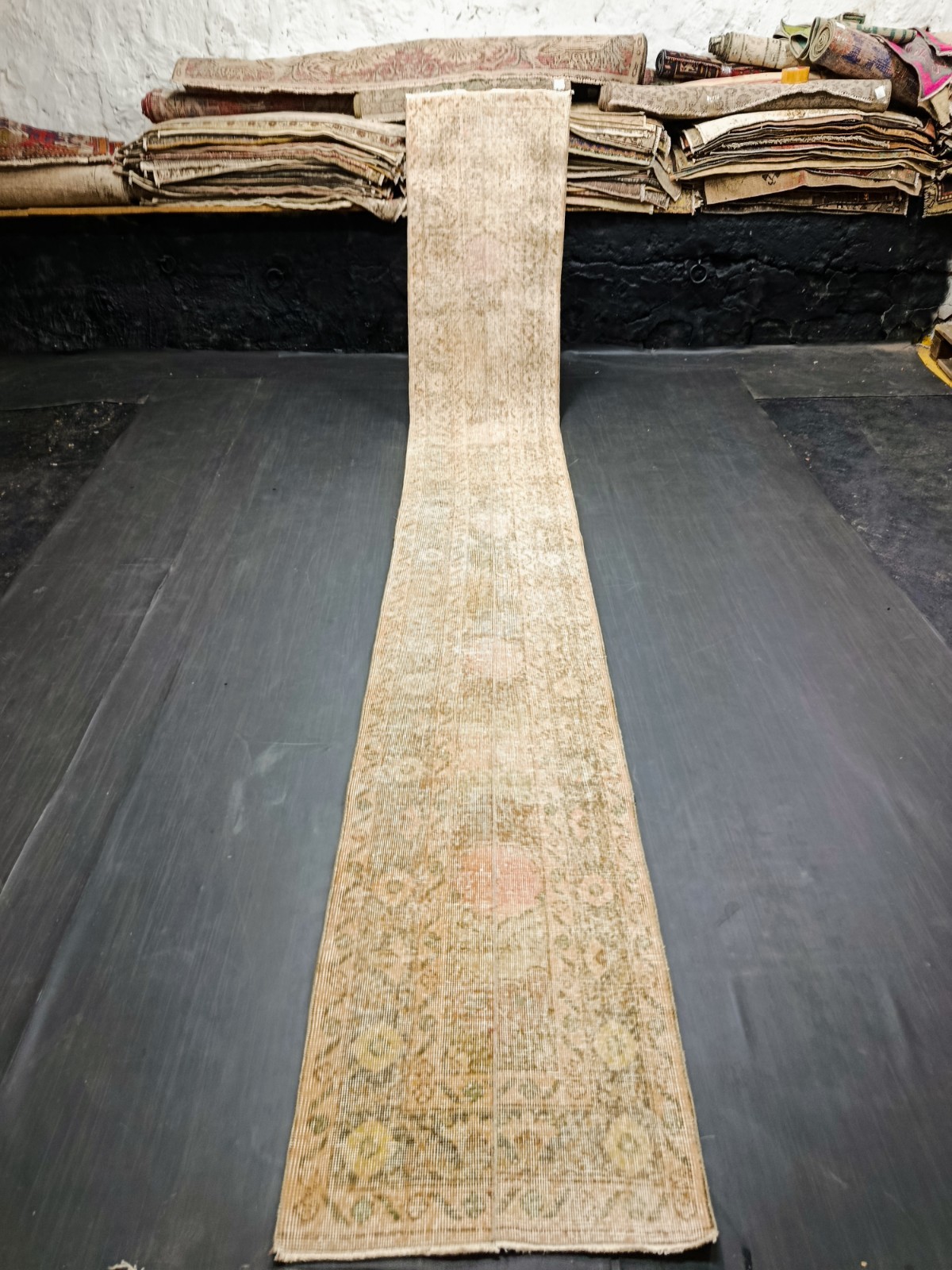 Beige Pink Geometric Handmade Runner, 1.8×12.6ft, Vintage Turkish Entryway Rug,
