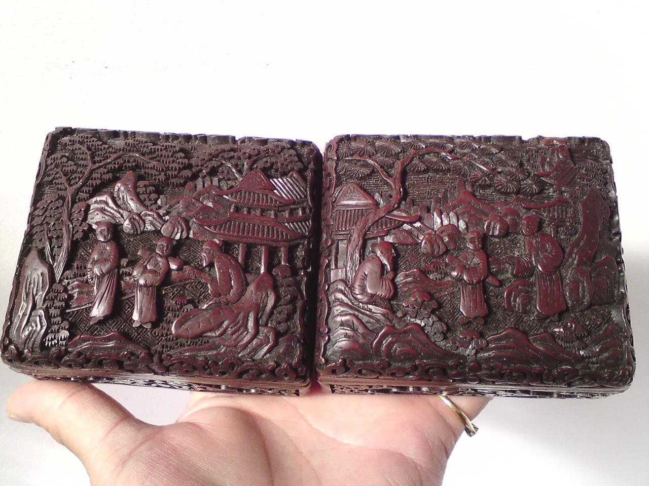 Rare pair of Chinese carved cinnabar lacquer box and cover original paper labels