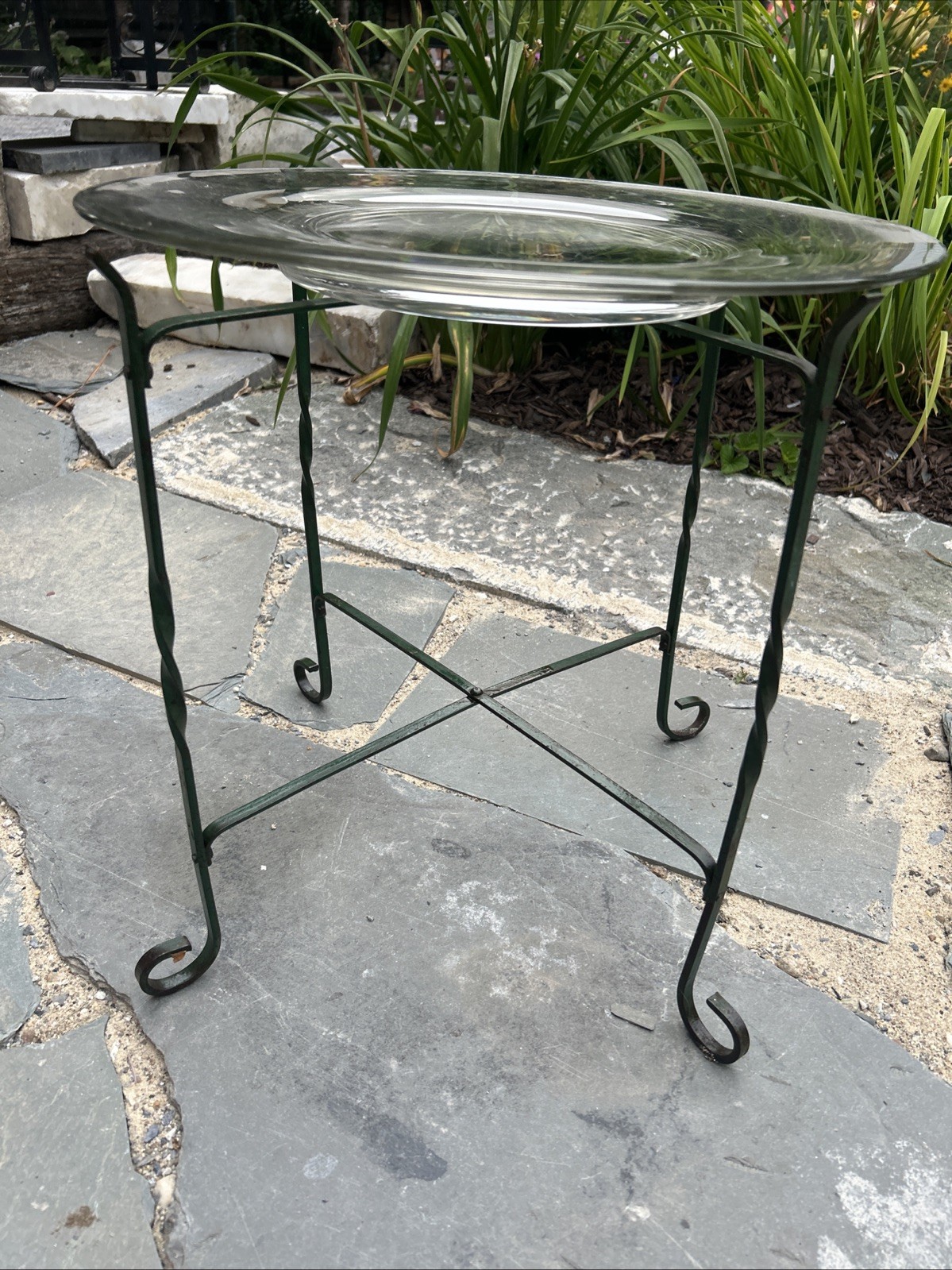 Vintage FOLDING Twisted Leg Wrought Iron accent Table In/out GLASS ROUND 18×18”