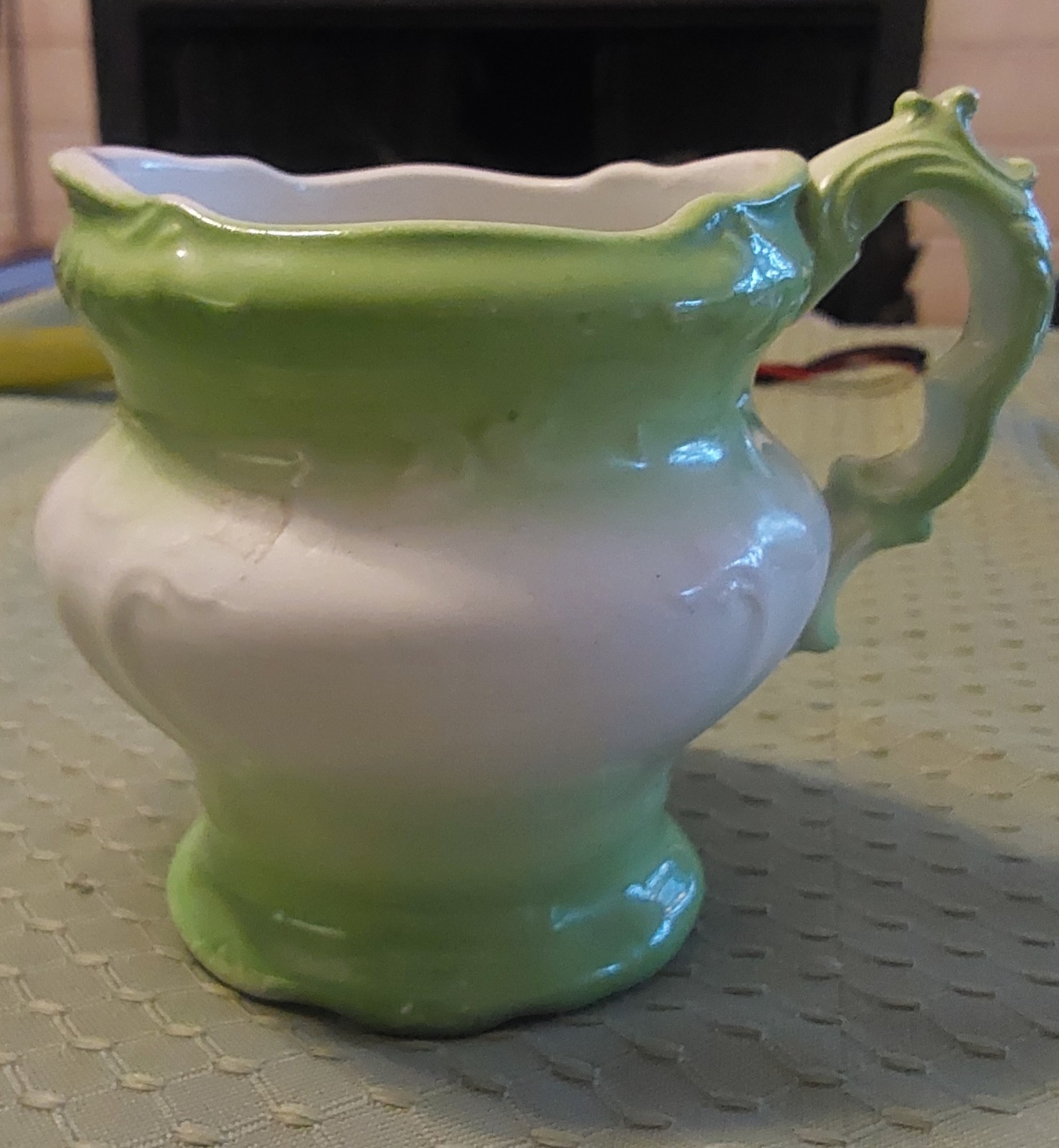 Antique Crown Potteries Co. Victorian Green and White Creamer (1900_1910)