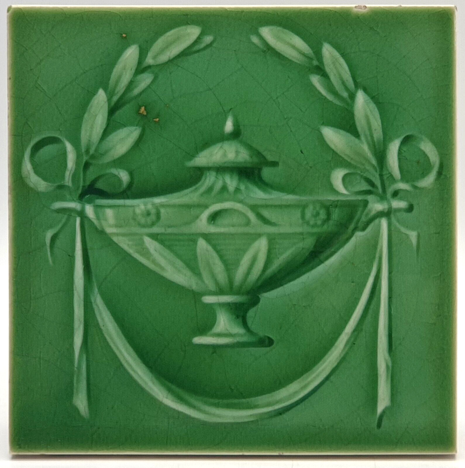 Art Nouveau Fireplace Majolica Green Tile Urn Floral Design Corn Bros C1908 AE7