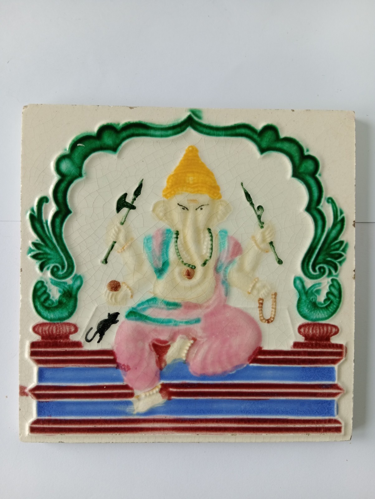 Vintage Indian Ganesh Tile PPW Wankaner Embossed Relief Ceramic tile