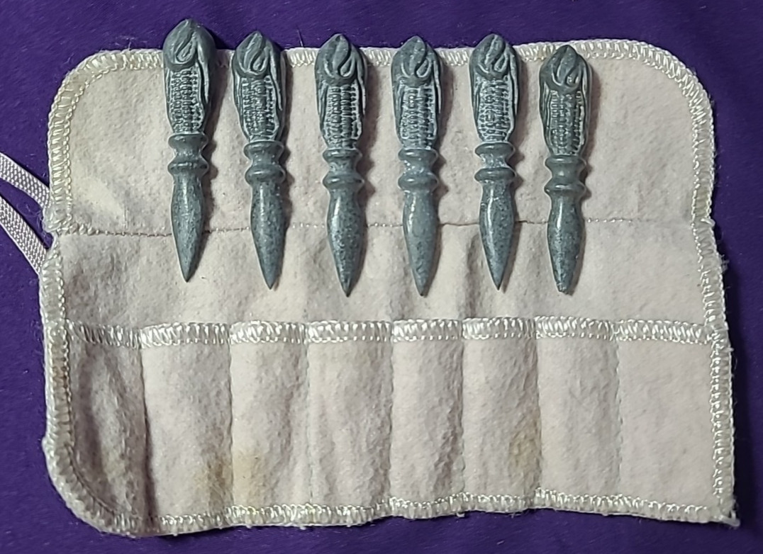 Antique Pewter Corn Holders Set Of 6 in Pouch
