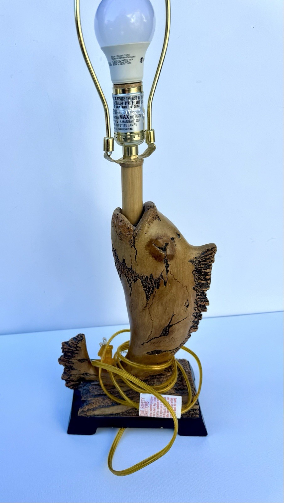Vintage Hand-Carved Wooden Fish Lamp on Log Base Rustic Cabin Decor-work-unique