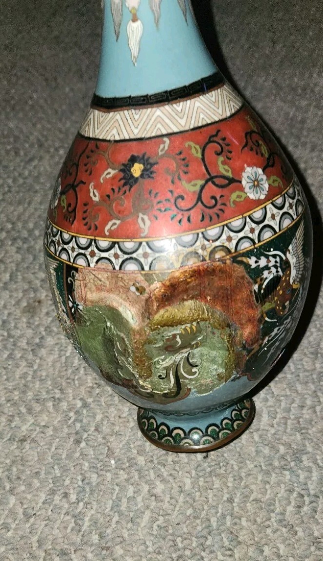 Vintage Old Cloisonne Enamel Flower Vase Bottle Has Damage As Is 13 Inch