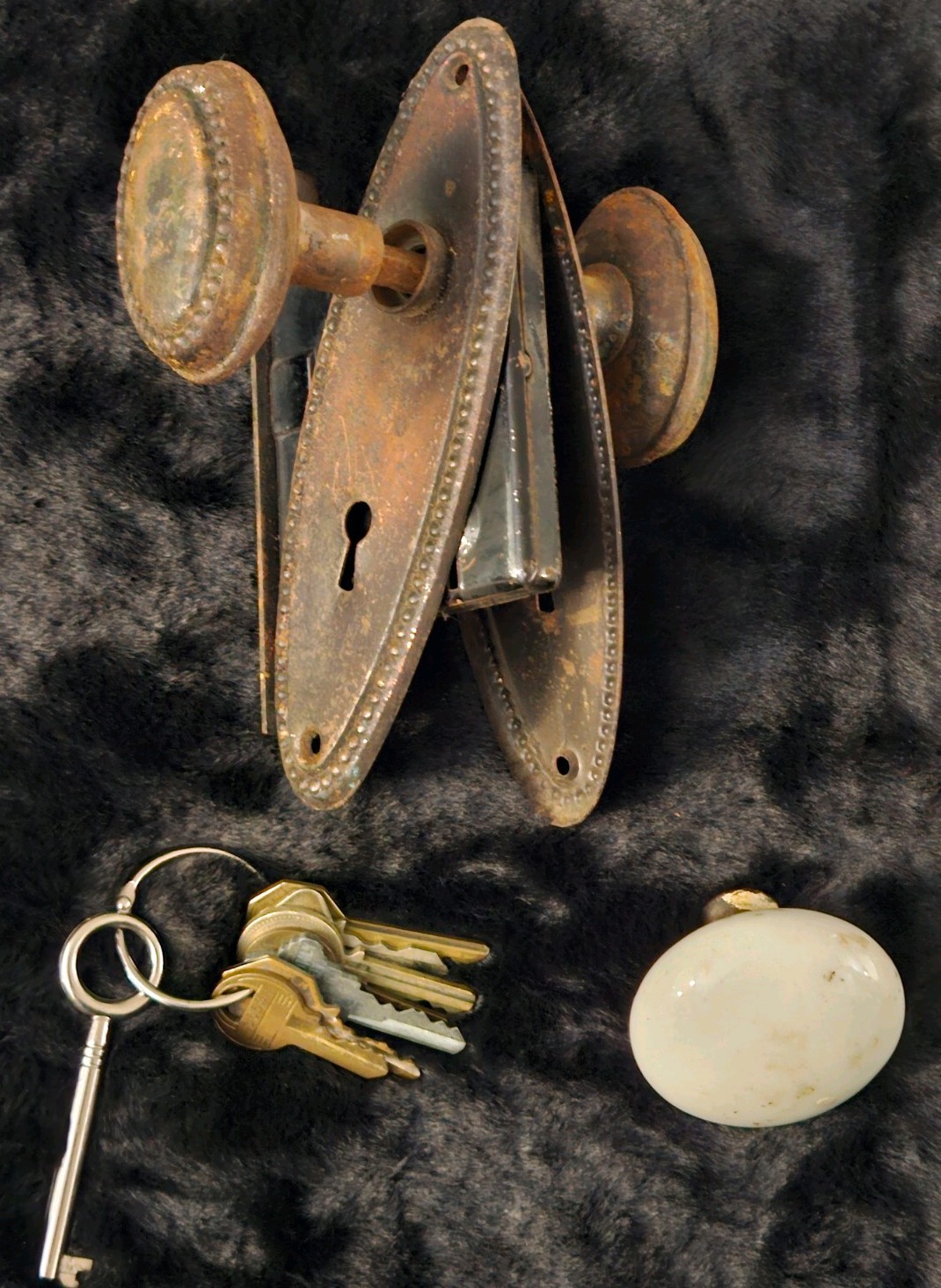 Vintage Oval Beaded Door Knob Set+Mortise Lock+Brass Escutcheon Plate🚪
