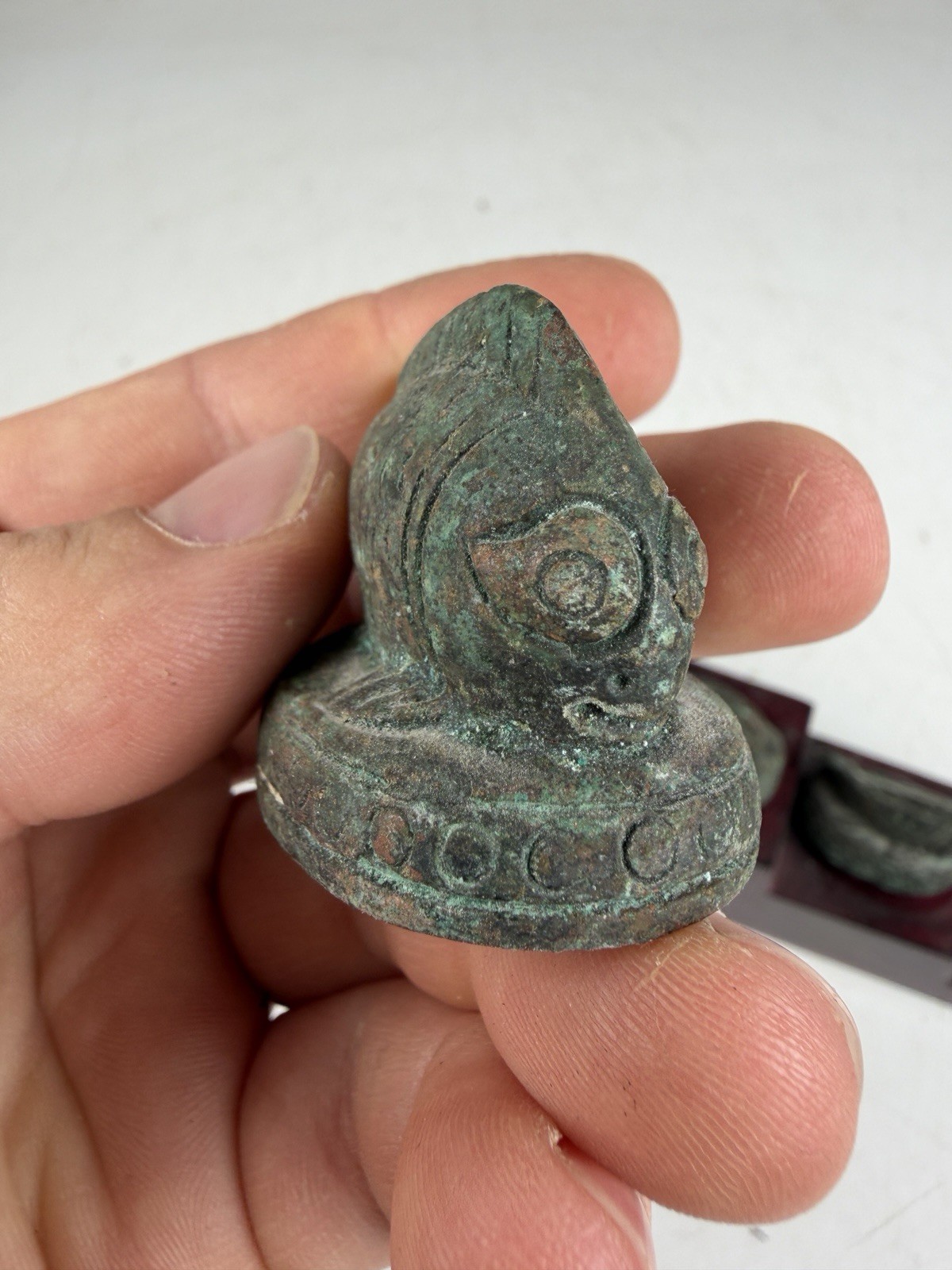 Set Of 5 1880s Antique Burmese Chinese Fish Shaped Pipe Weights W Stand
