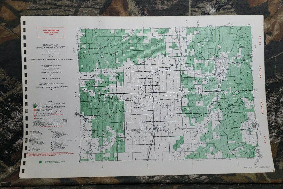 Vtg 1953 Southeast Part Ontonagon County Michigan Dept Conservation Plat Maps