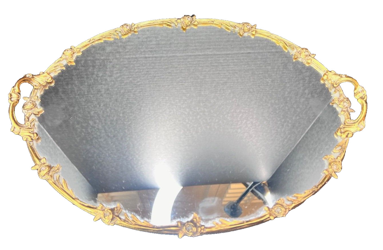 Vintage French Louis XV style Gold Gilded Mirrored Vanity Tray Roses Details