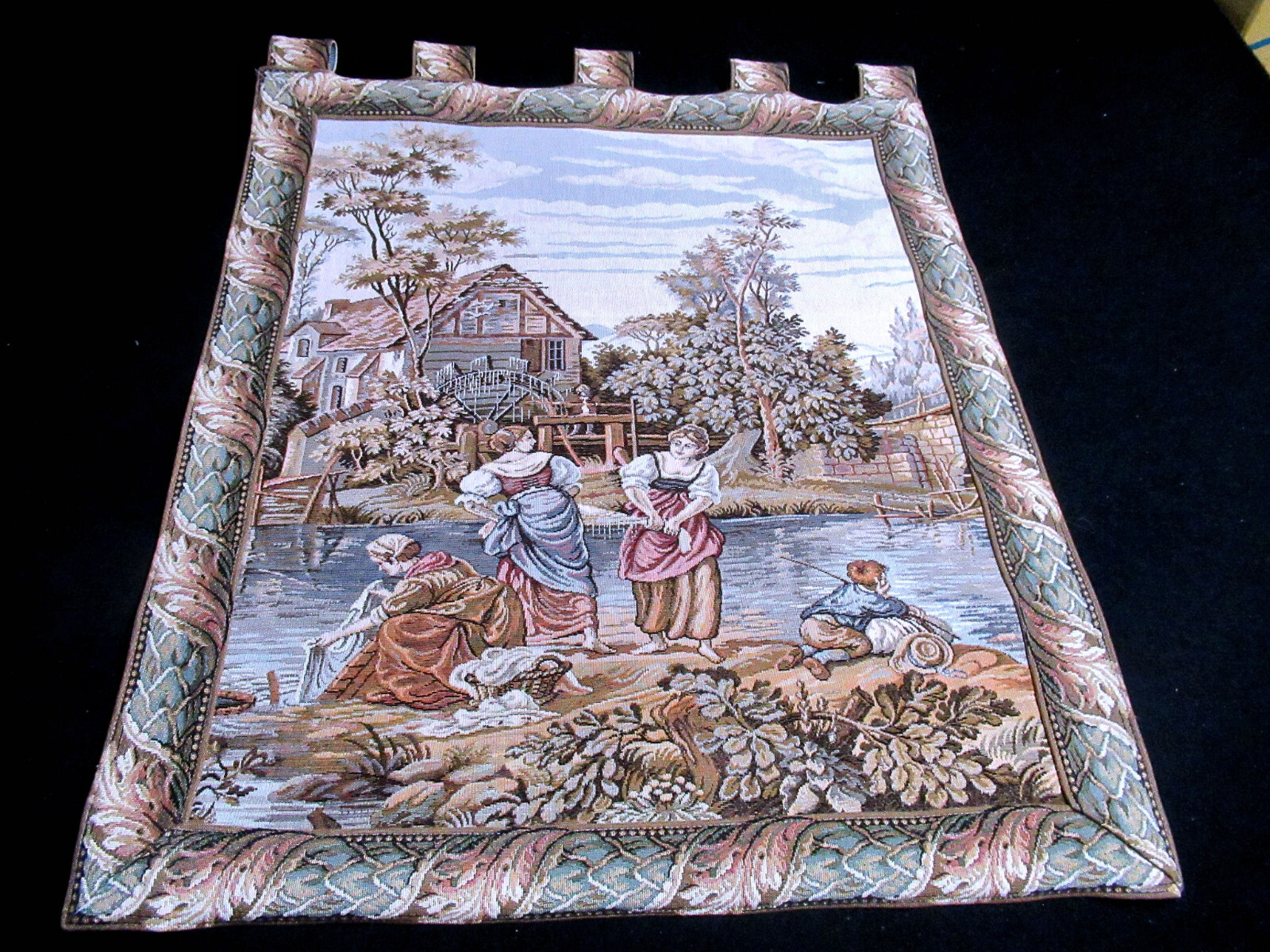 Vtg Tapestry 31″ Women Washing Clothes In River Water Wheel Boy Fishing Label
