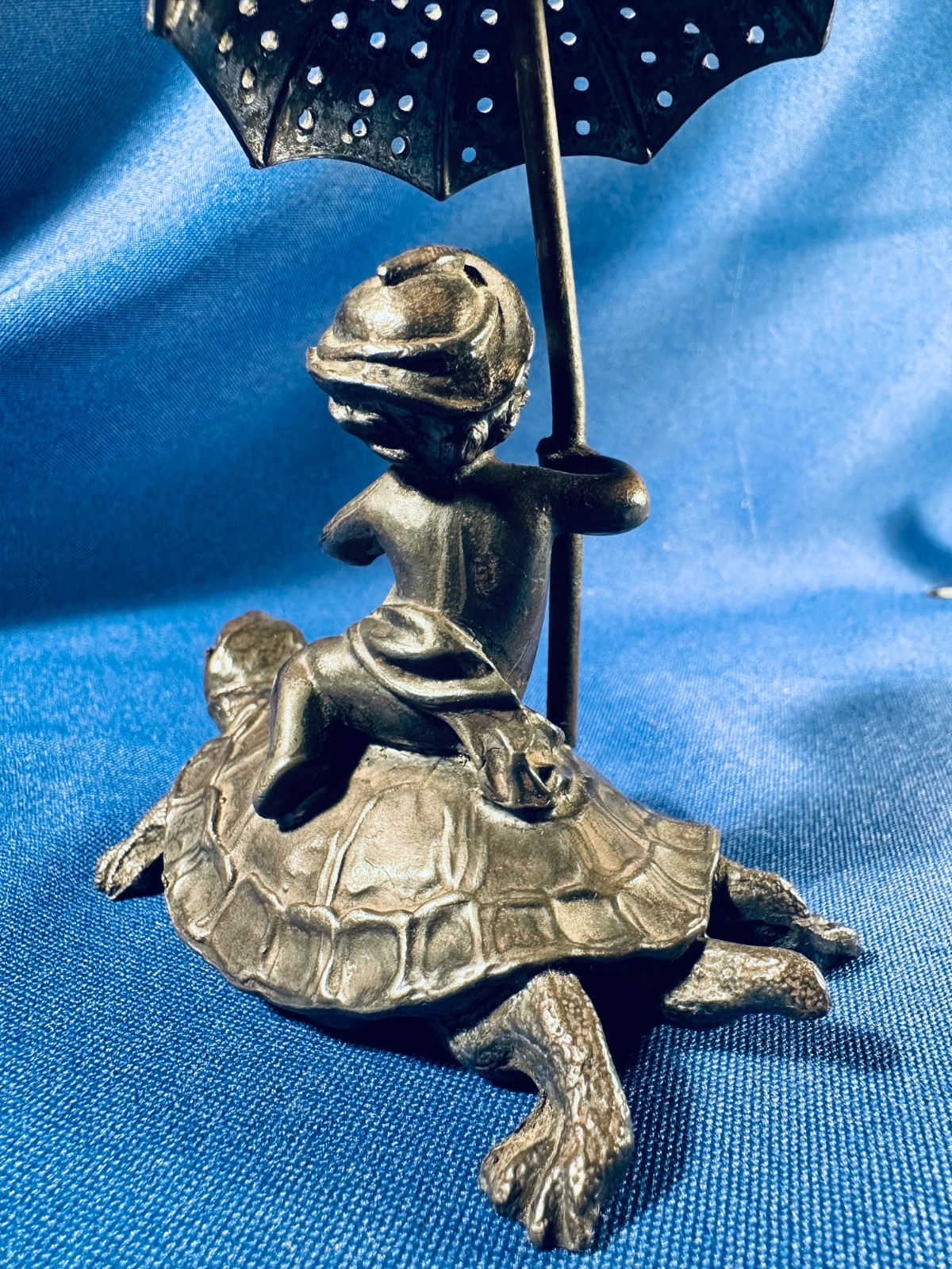 Antique 19th C Pairpoint silver plate figural toothpick holder putti on turtle!