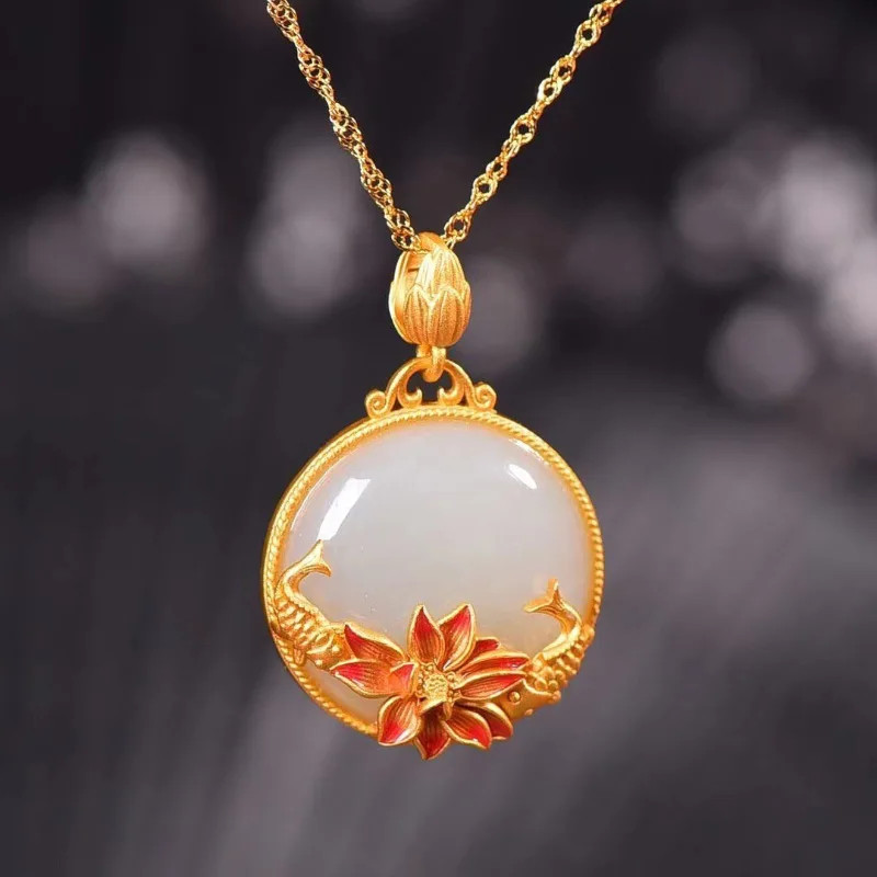 Fish-Shaped Lotus Jade Pendant – 2.6cm (1in) 45cm (17.7in) Chinese Gold Necklace