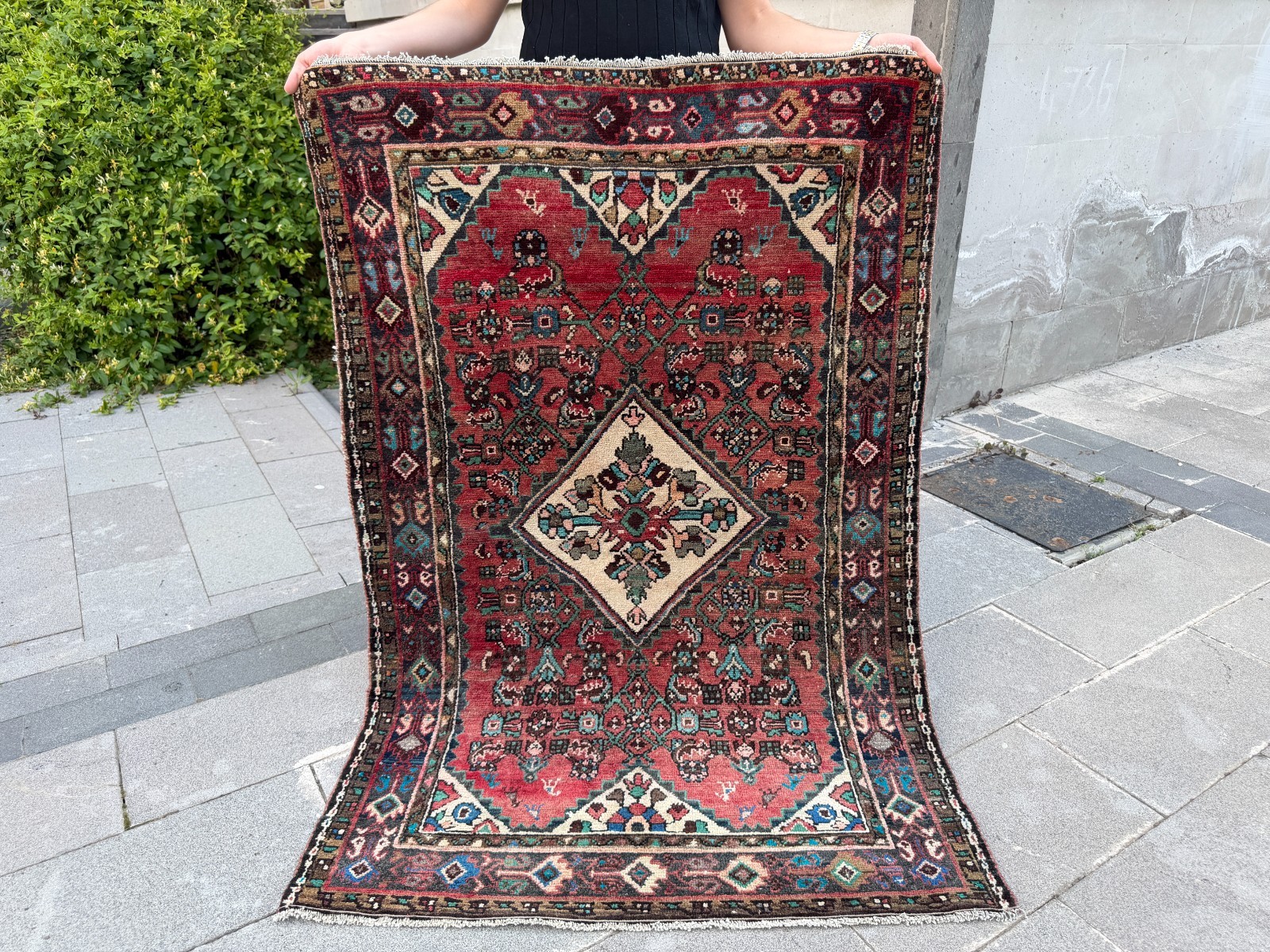 Vintage Turkish Tribal Rug 3.6×5.3 Ft Red Anatolian Wool Carpet