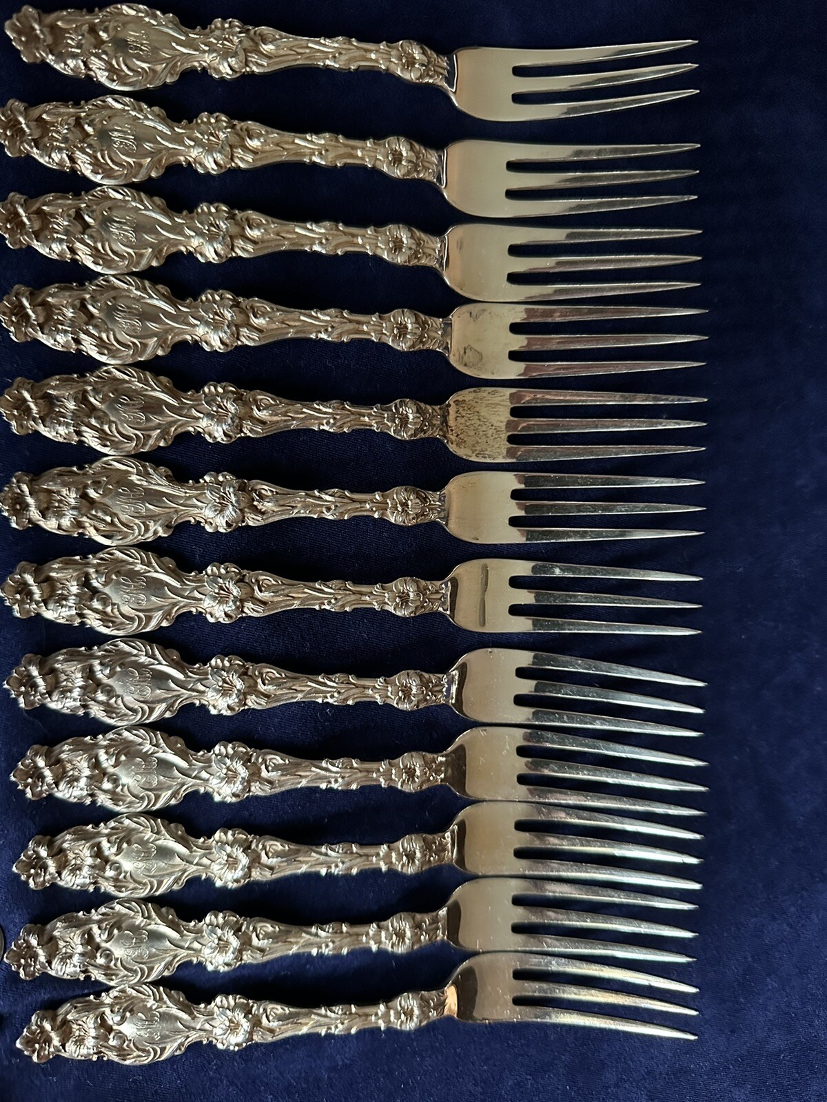 Whiting Lily Pattern Gilt Breakfast Set – Forks & Solid sterling knives – 12 ea