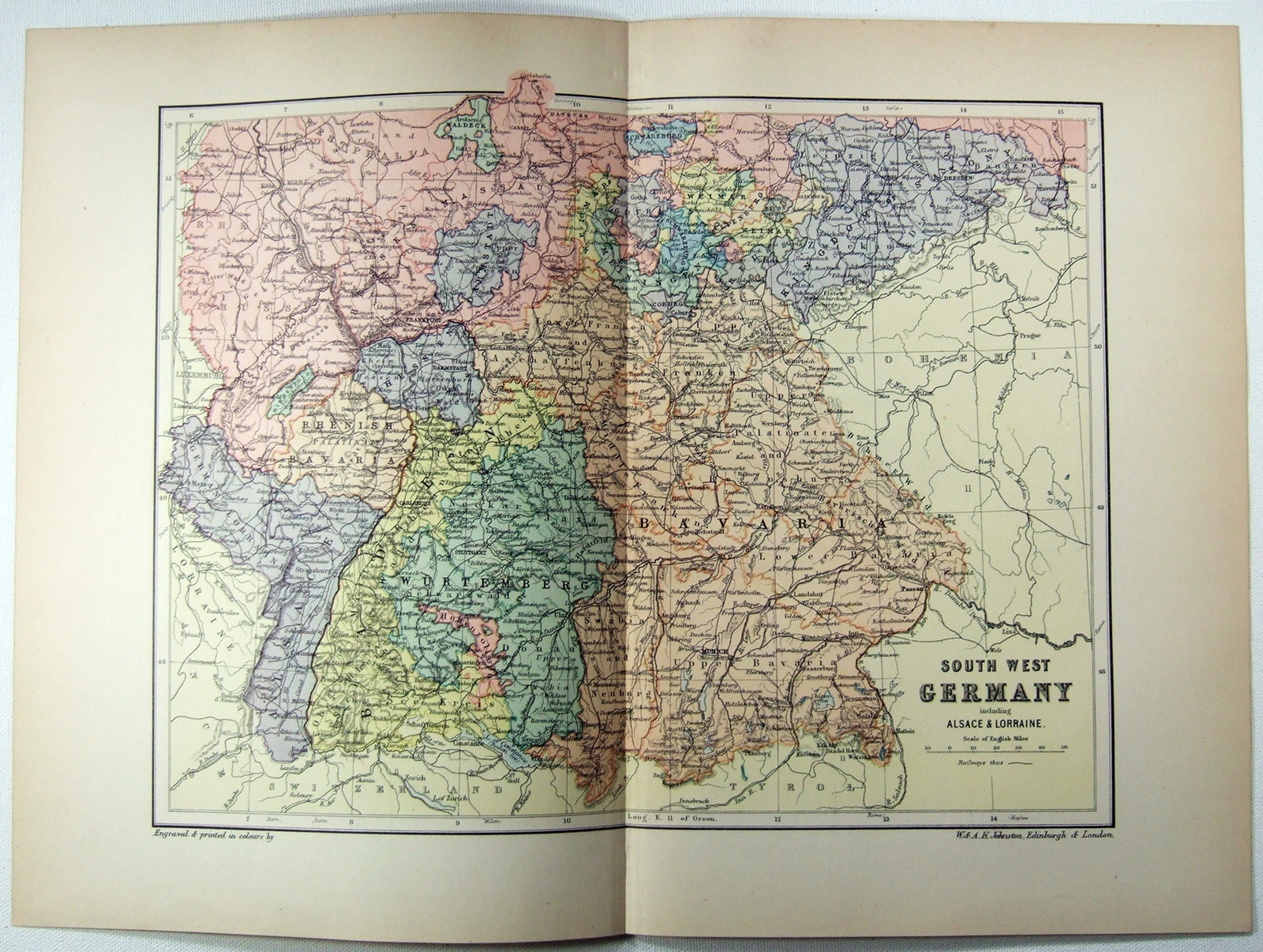 SW Germany – Original 1895 Map by W & A.K. Johnston. Bavaria Antique