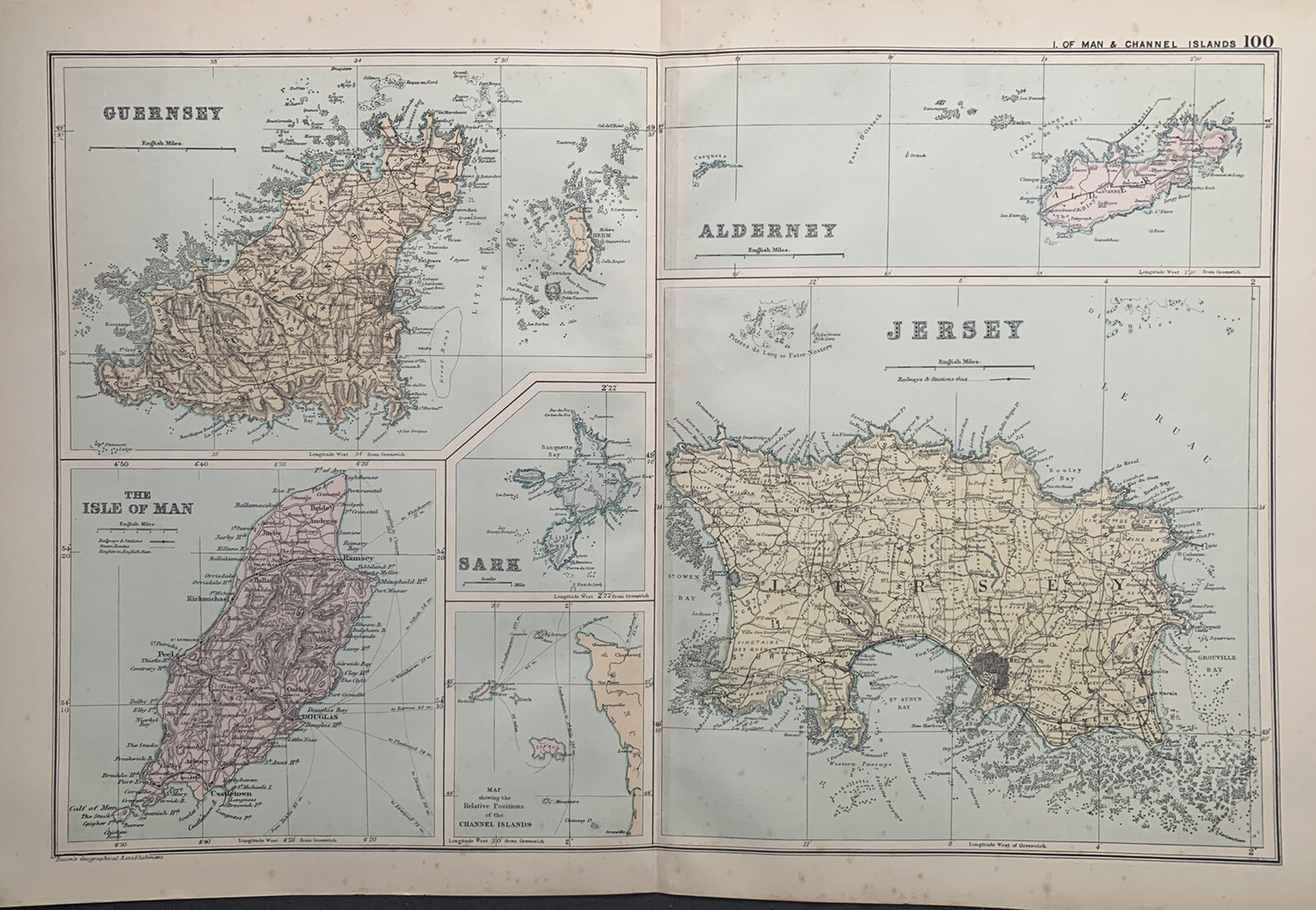 1895 Channel Islands & The Isle of Man Original Antique Map by G.W. Bacon