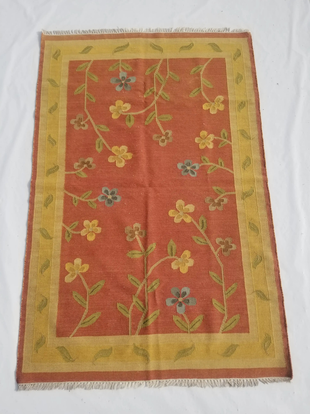 Vintage Handmade Traditional Floral Red Yellow Kilim Floor Rug Carpet 6.5×4.3ft