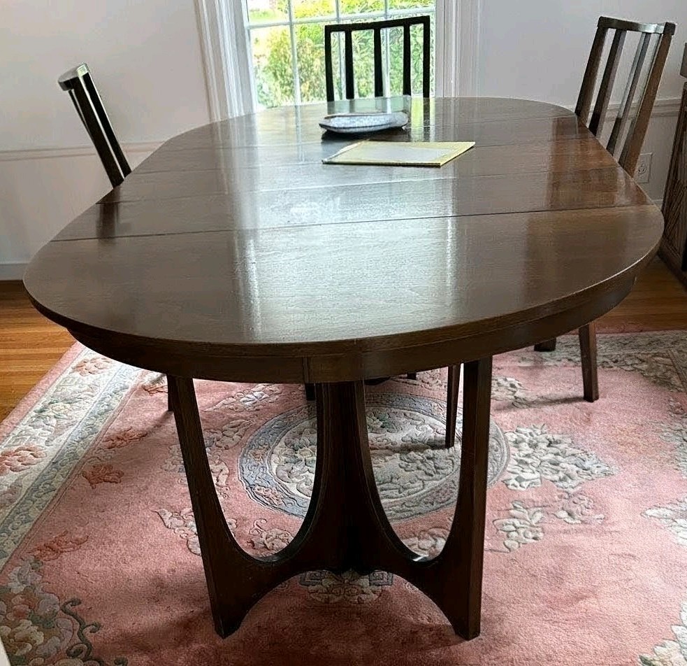 Broyhill Brasilia Mid Century Walnut Dining Set Table and 6 Blue Chairs