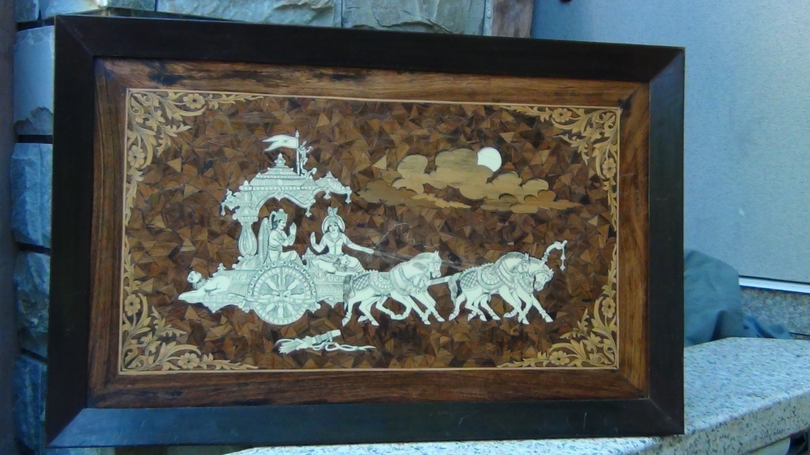 ANTIQUE 19c SOUTHEAST ASIA WOOD INLAID WALL PLAQUE WITH GODDESS ON CHARIOT