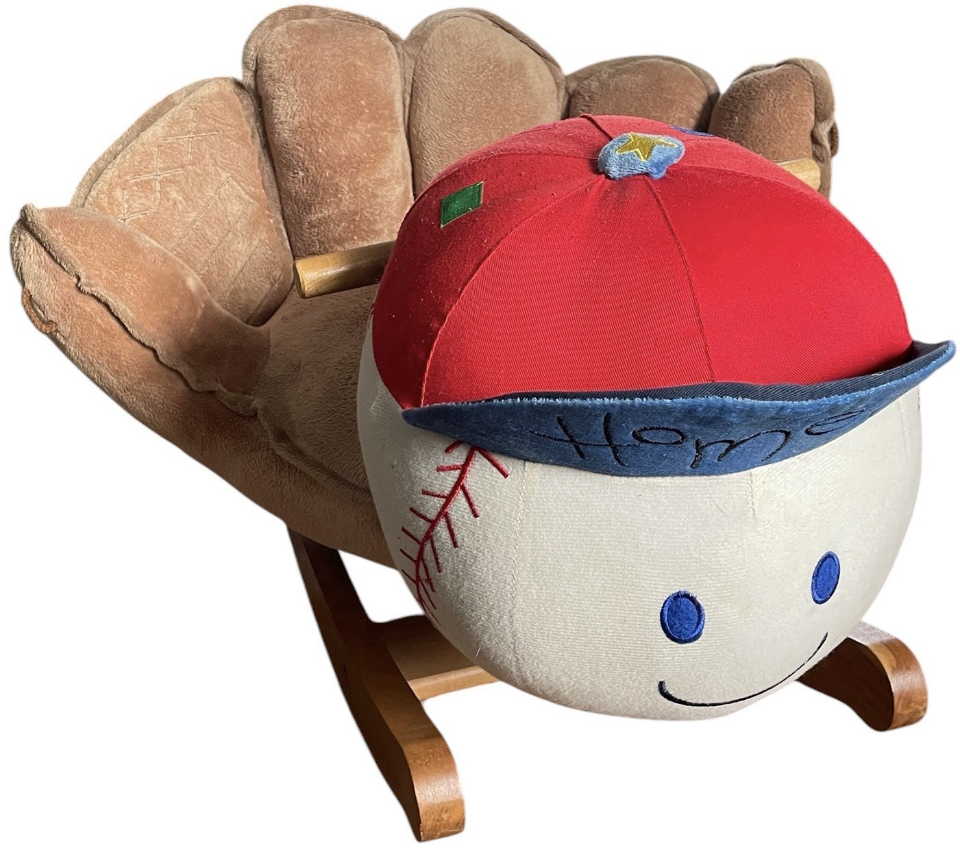 Vintage Kids Baseball Glove Rocking Chair Plush Seat Wooden Rocker Sports